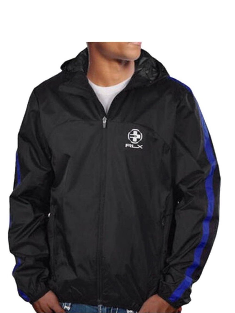 Ralph Lauren RLX Black Windbreaker Jacket with Royal Blue Stripes Large